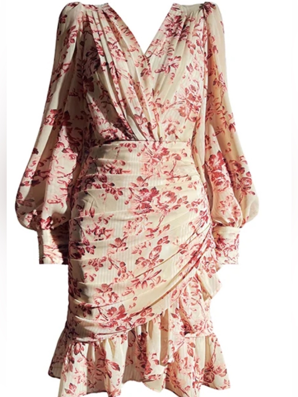 Floral Wrap Long-Sleeve Ruffle Dress in Cream and Dusty Rose